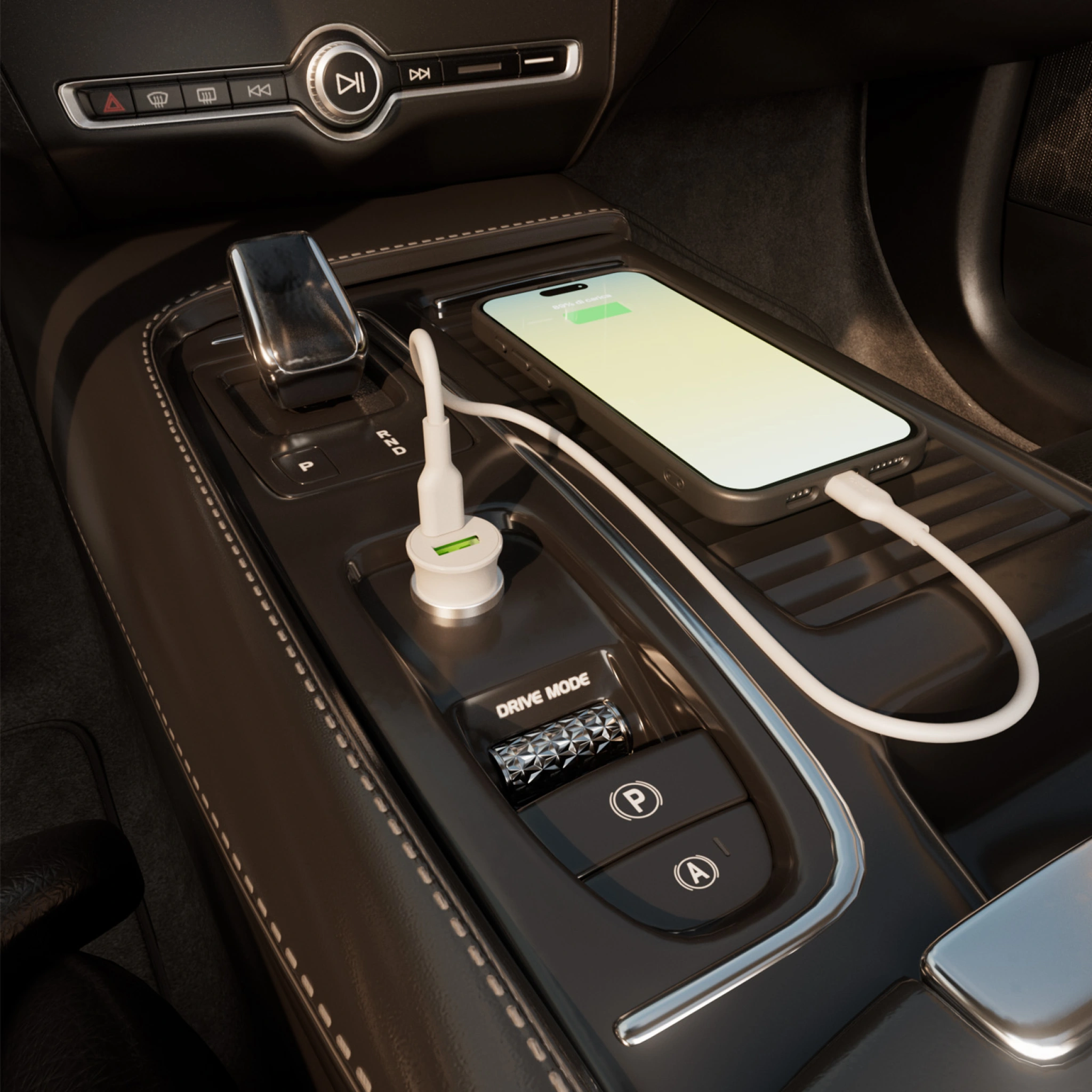 PURO Pro Lite car charger with 1 USB-A port and 1 USB-C port. White