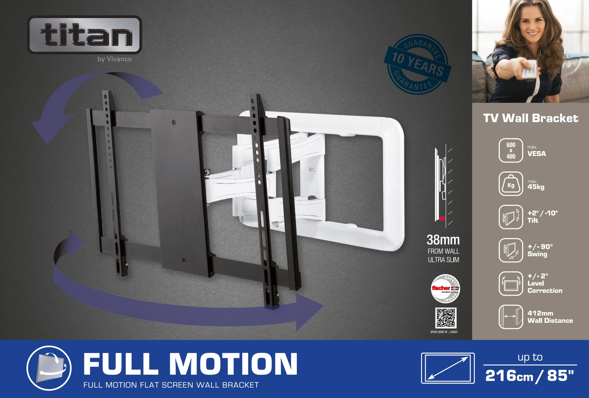 Vivanco TITAN TV Wall Mount, MOTION, 85", 45kg, WHITE, VESA 600x400
