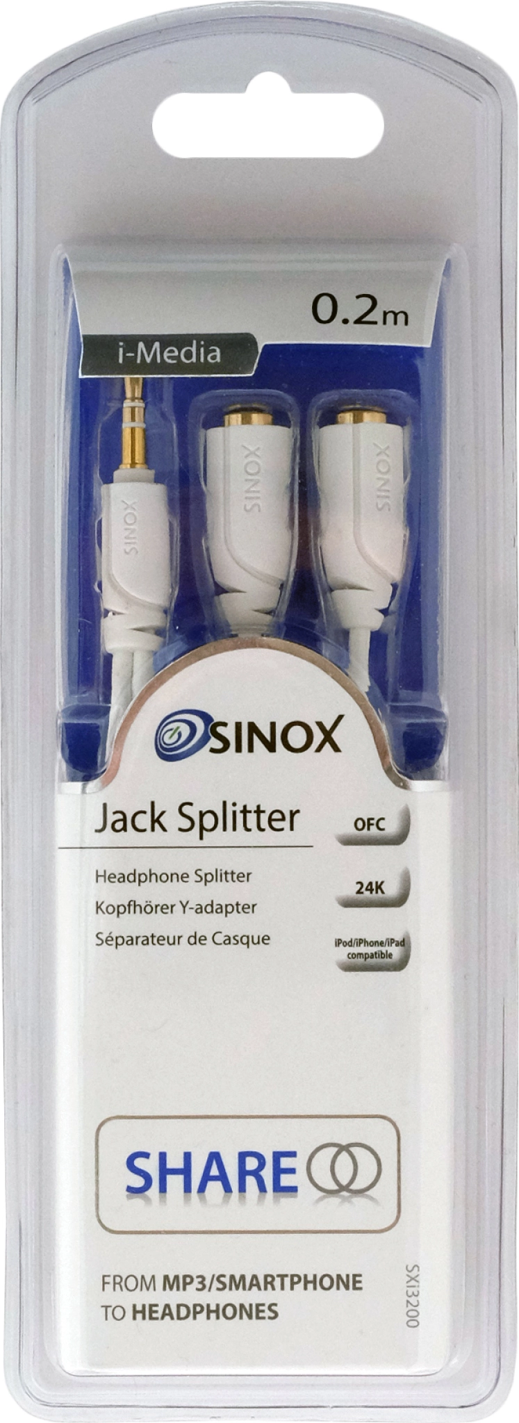 Sinox headphone splitter. 0.2m. White