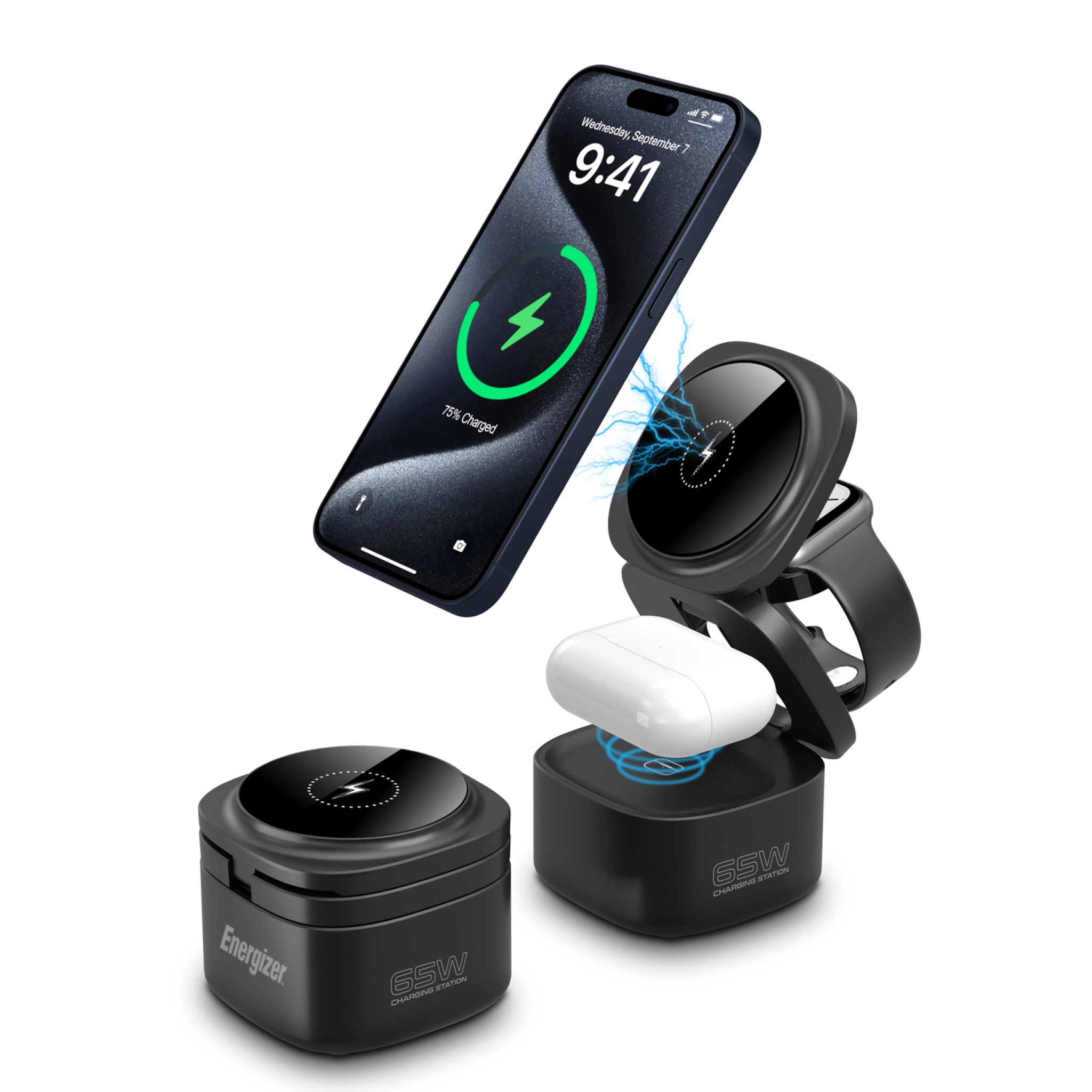 Energizer 3-in-1 Wireless Charging Station with 65W USB-C PD. Black
