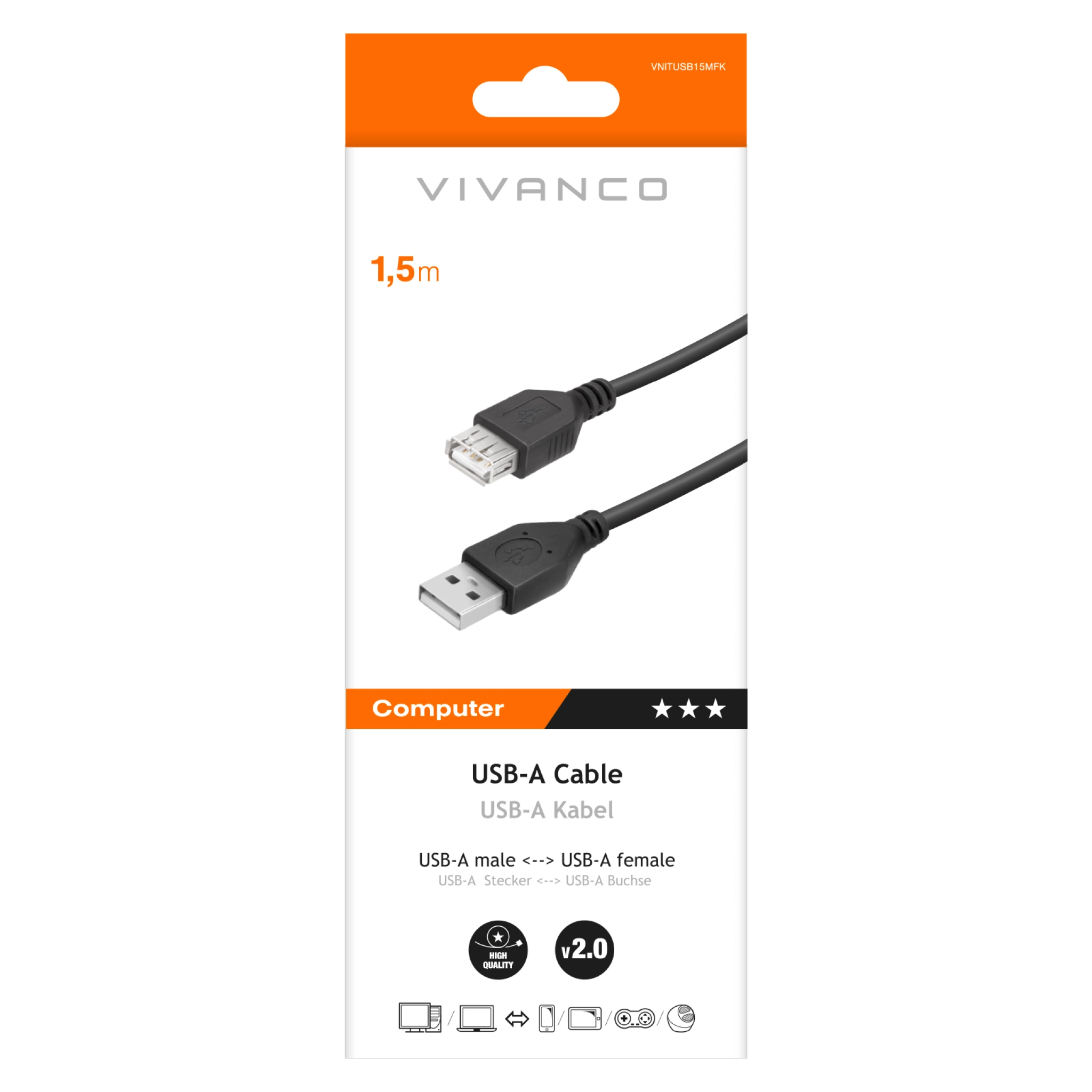 Vivanco High Speed USB-A Male to Female Cable for Data Transfer and Charging. Black