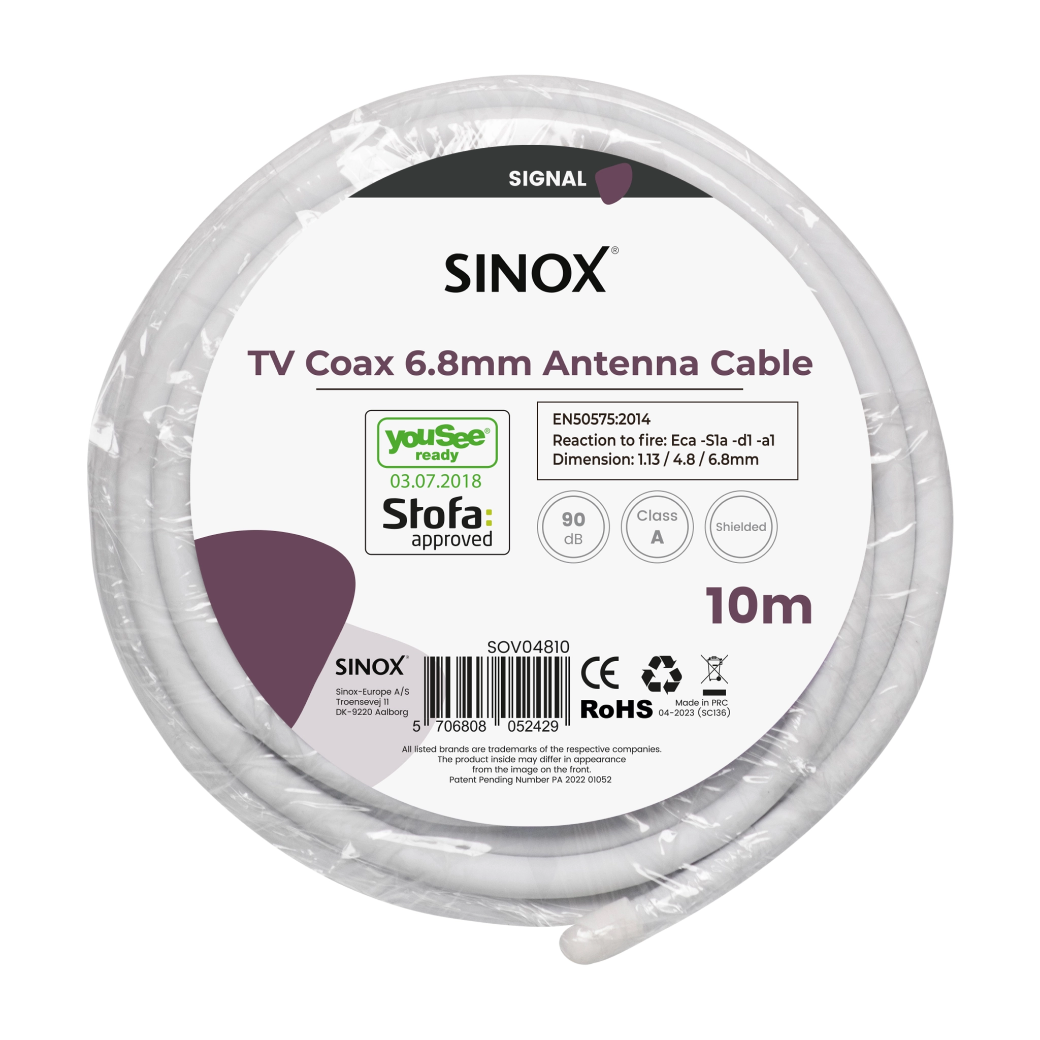 Sinox Antenna Cable. 10m. White. Yousee & Stofa approved