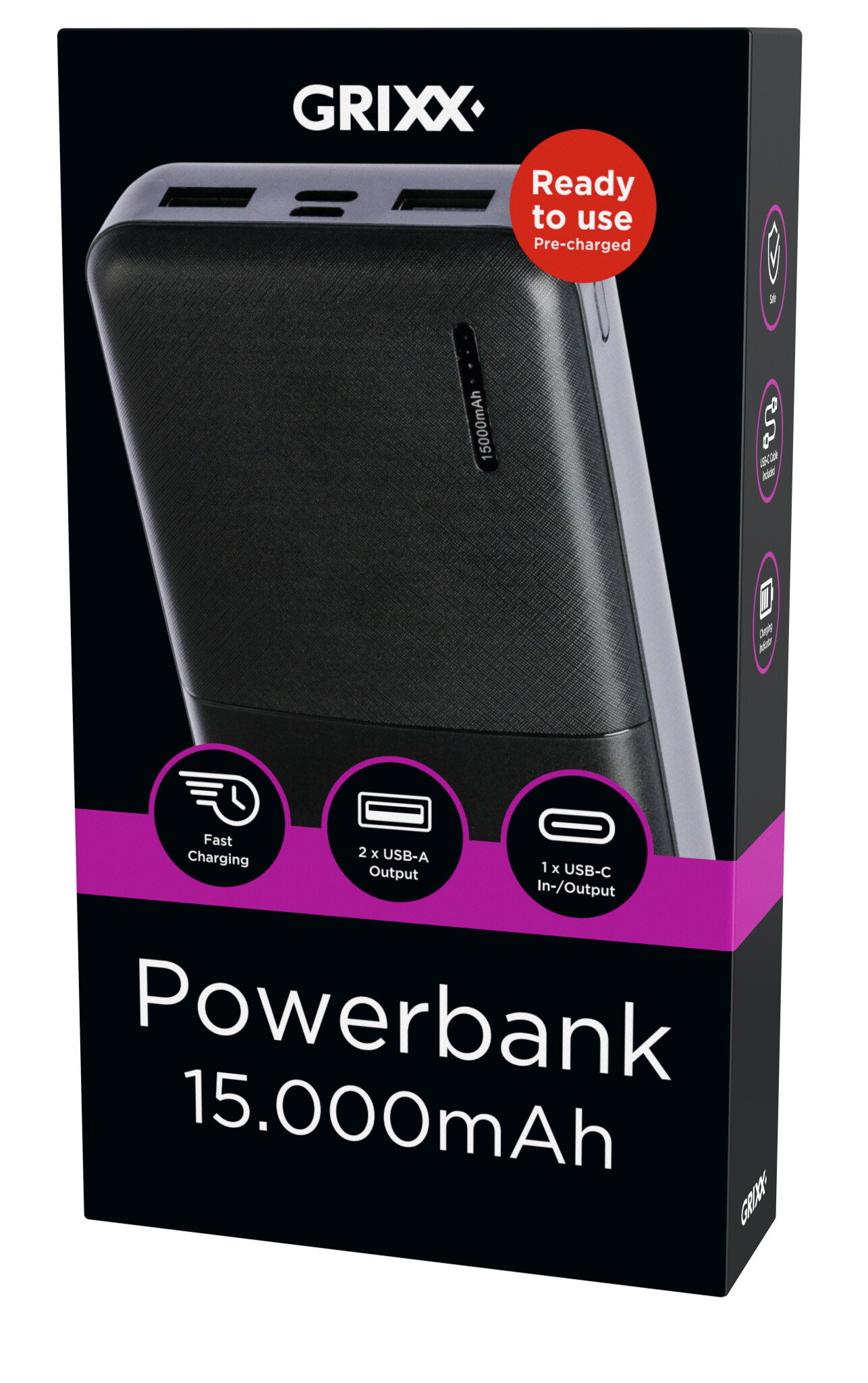 Grixx Powerbank 15.000mAh. Black