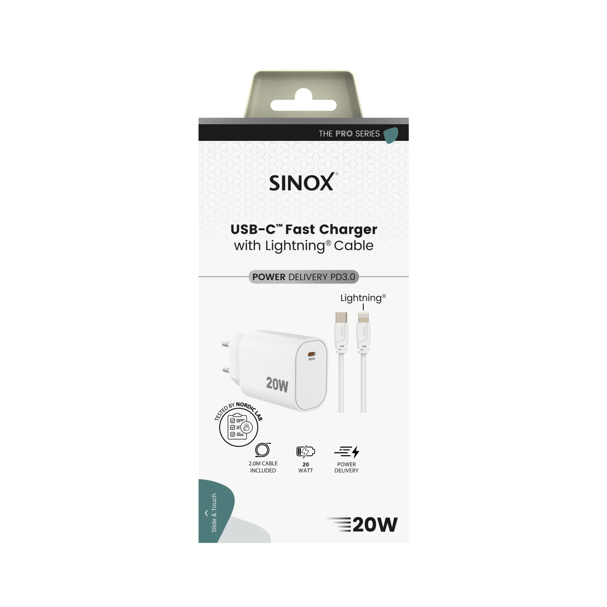 Sinox PRO Wall Charger USB-C PD 20W w/Lightning Cable. White