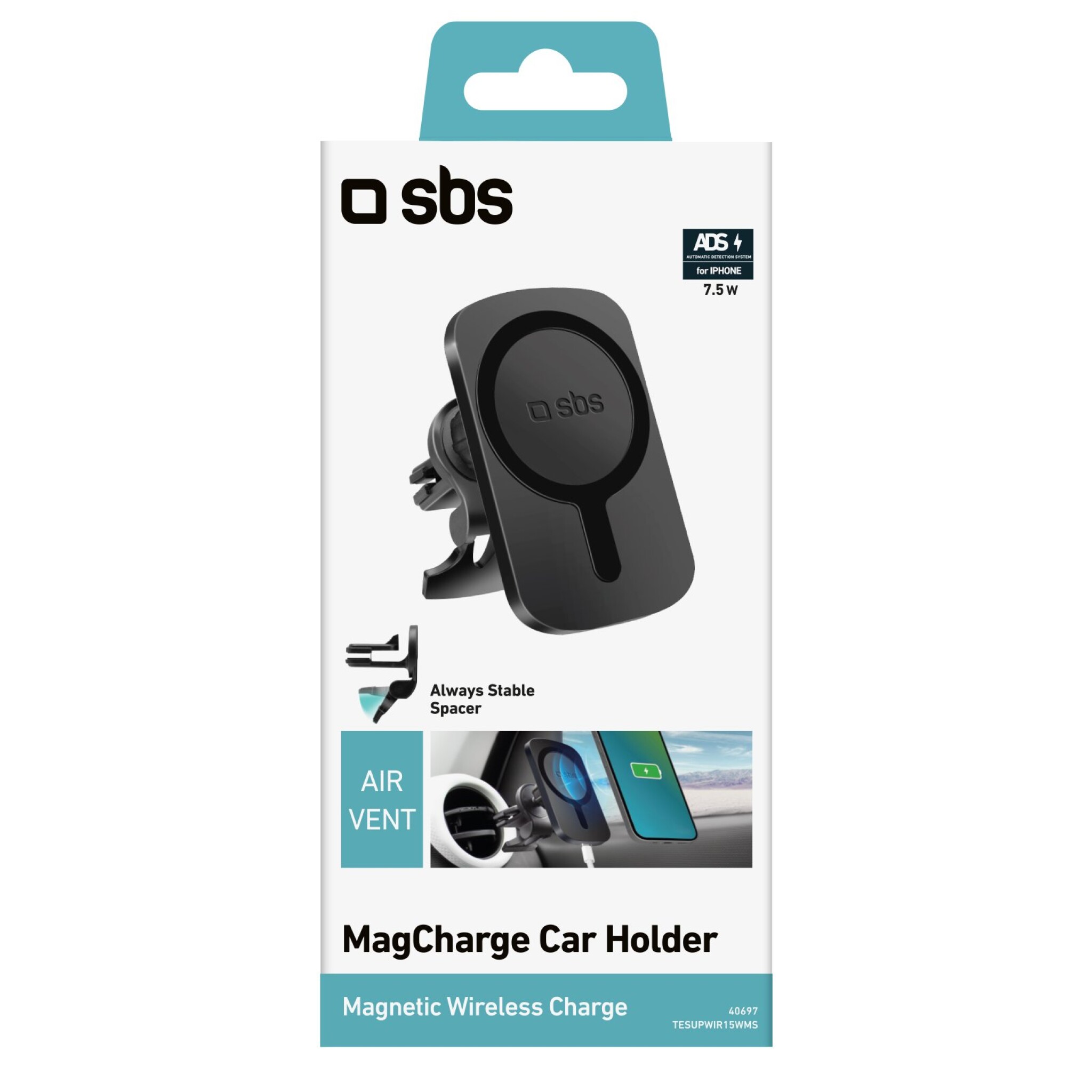 SBS Magnetic Phone Holder and Wireless MagSafe™ Charger for Cars. Black